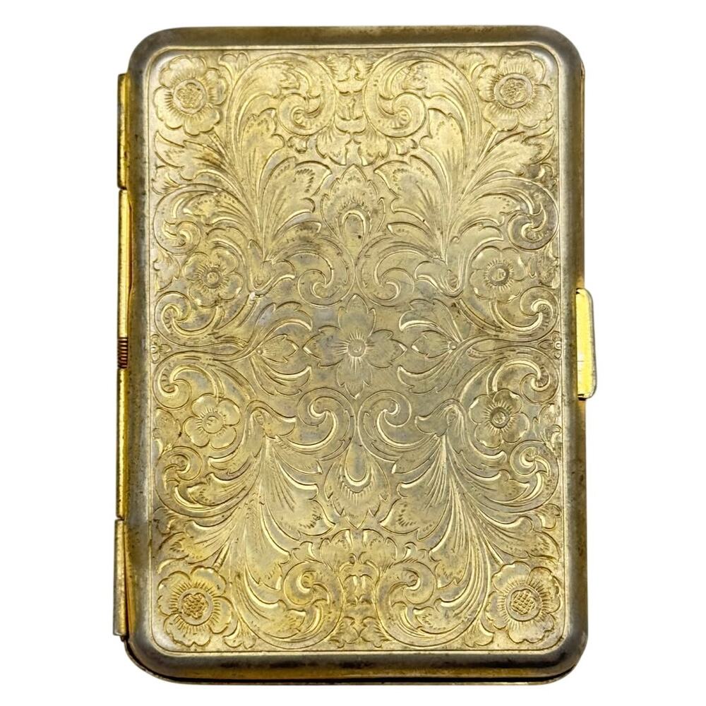 Gold Tone Floral Scroll Engraved Cigarette Case Rectangular Hinged Strap